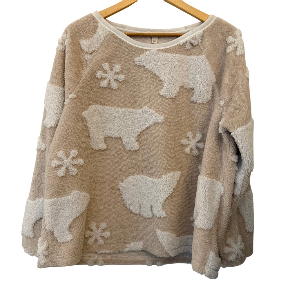 Dylan Polar Bear Fleece Sweatshirt Womens Large Tan Excellent Faux Fur Pullover
